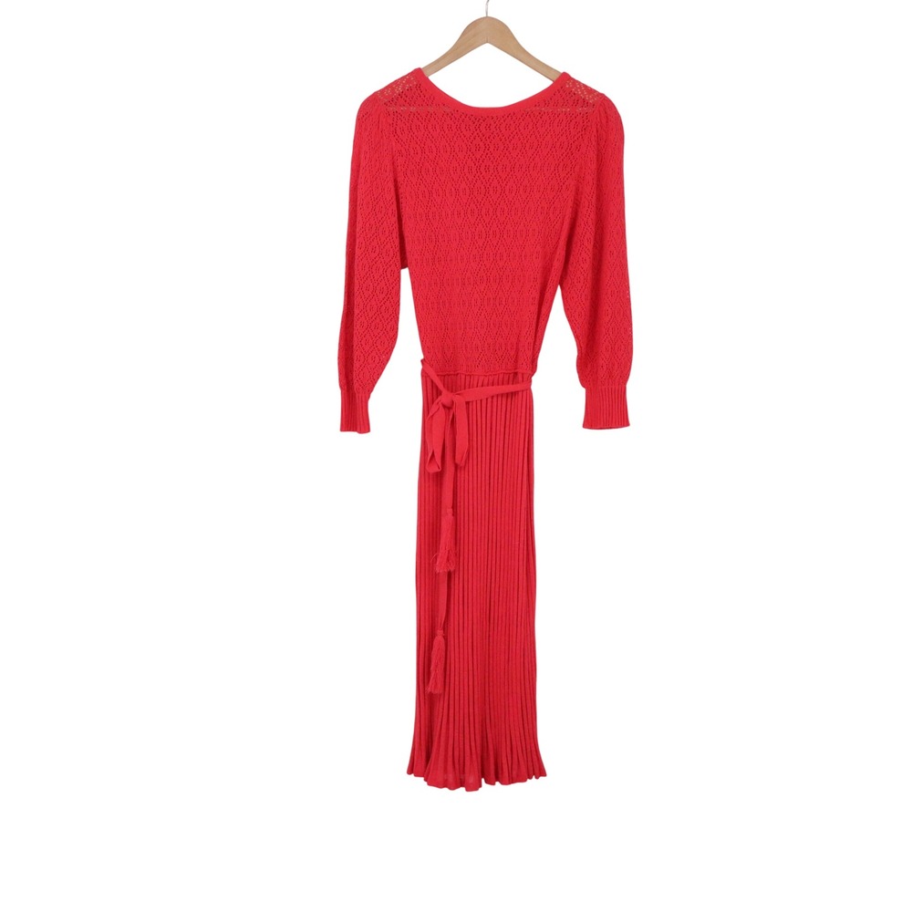 Vintage Dress Womens L Knit Maxi Red Pointelle Pleated Tassel Belt Good